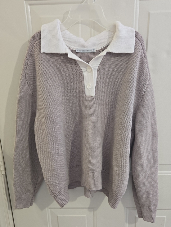 Abercrombie & Fitch Sweaters - Abercrombie & Fitch Easy Long Sleeve Polo Sweater Beige XL Preppy Oversized